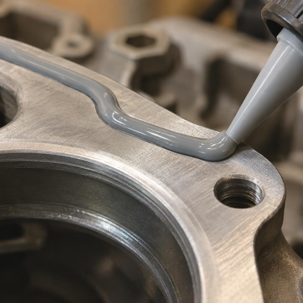 Unbroken bead of grey RTV silicone sealant on an engine flange